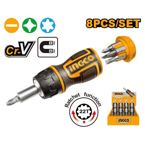 INGCO 8 in 1 Stubby Ratchet Screwdriver Set - AKISDS1728