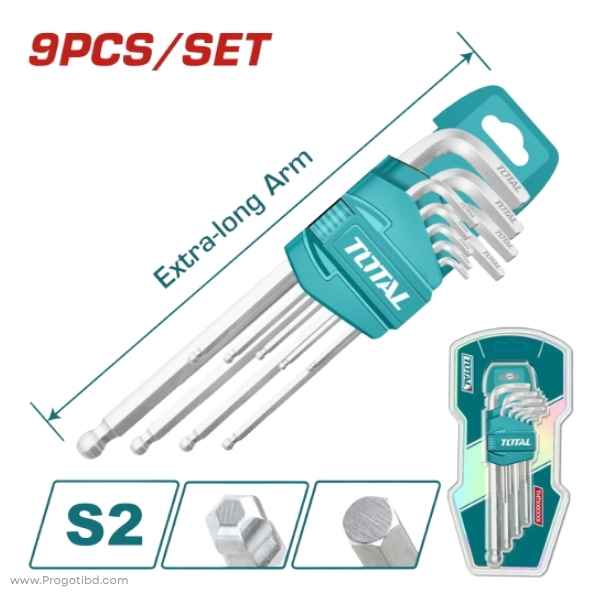 TOTAL 9pcs Extra Long Ball Point Hex Key  - THT106292